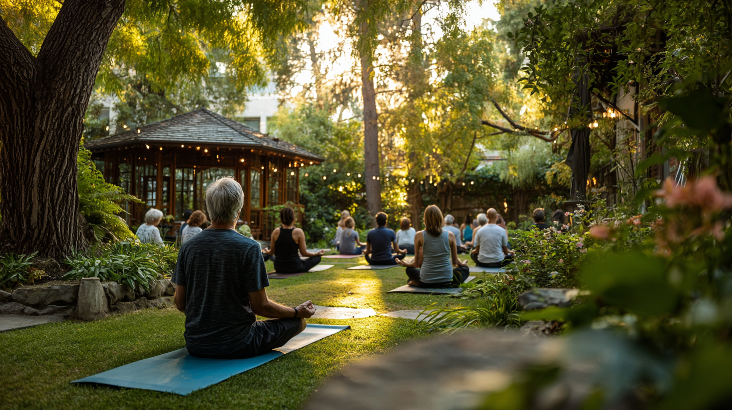 Група старши хора практикуват йога на открито в парк
