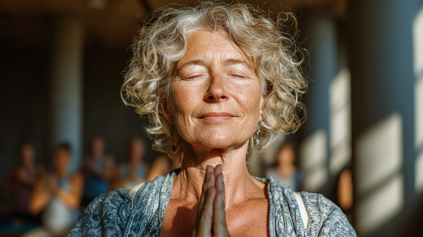 Жена над 60 години прави йога поза в спокойна обстановка